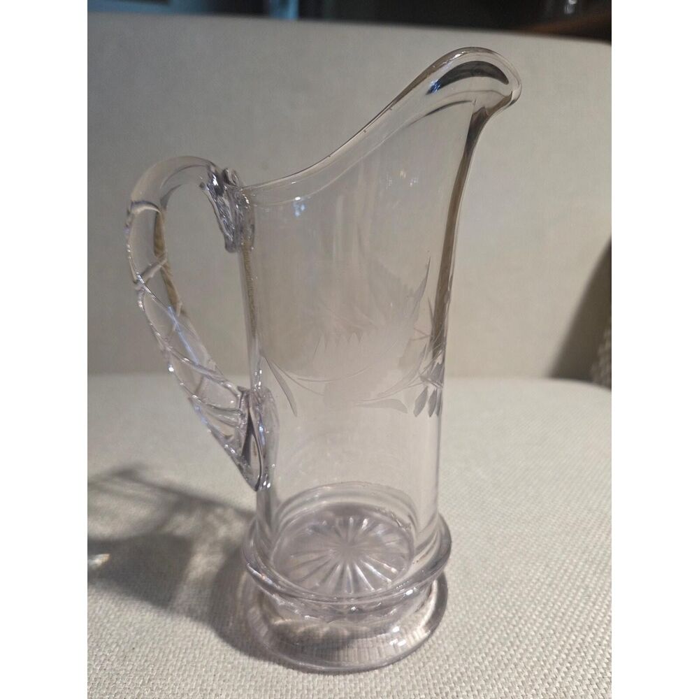 Vintage Etched Glass Pitcher Zipper Notched Handle Fern Leaf Design Starburst